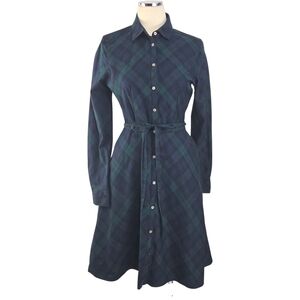 UNTUCKIt Holly Navy and Green Tartan Plaid Shirt Dress Sz 8 Long Sleeve Stretch